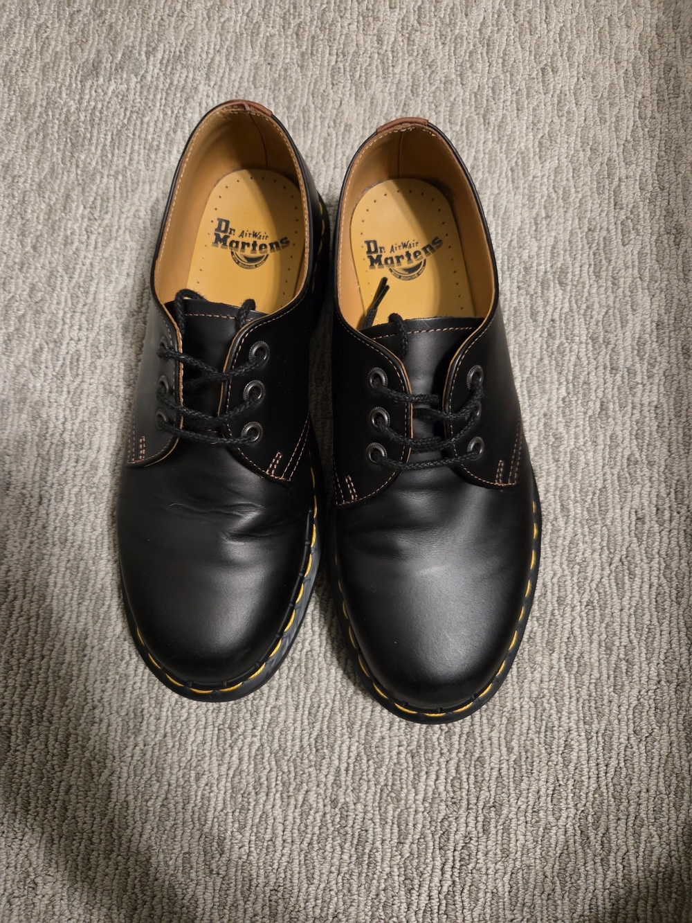 Dr. Martens 1461 Black Leather 3-Eye Derby Shoes with Yellow Stitching